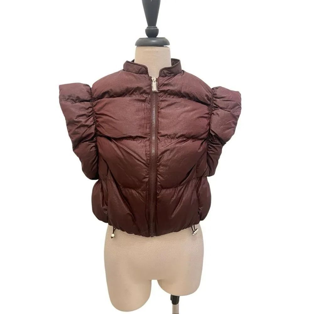 Anna & Ava Women's Full Zip Quilted Cap Sleeve Cropped Puffer Vest Brown S/M NWT